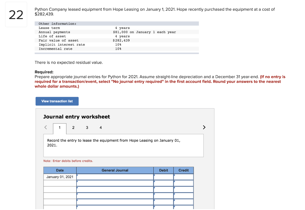 Python Company leased equipment from Hope Leasing on January 1, 2021. Hope