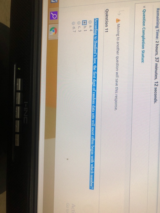  Remaining Time: 2 hours, 37 minutes. 12 seconds. Question Completion Status: