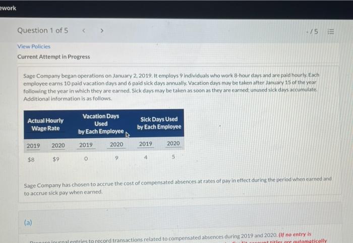  ework Question 1 of 5 ./5 E View Policies Current Attempt
