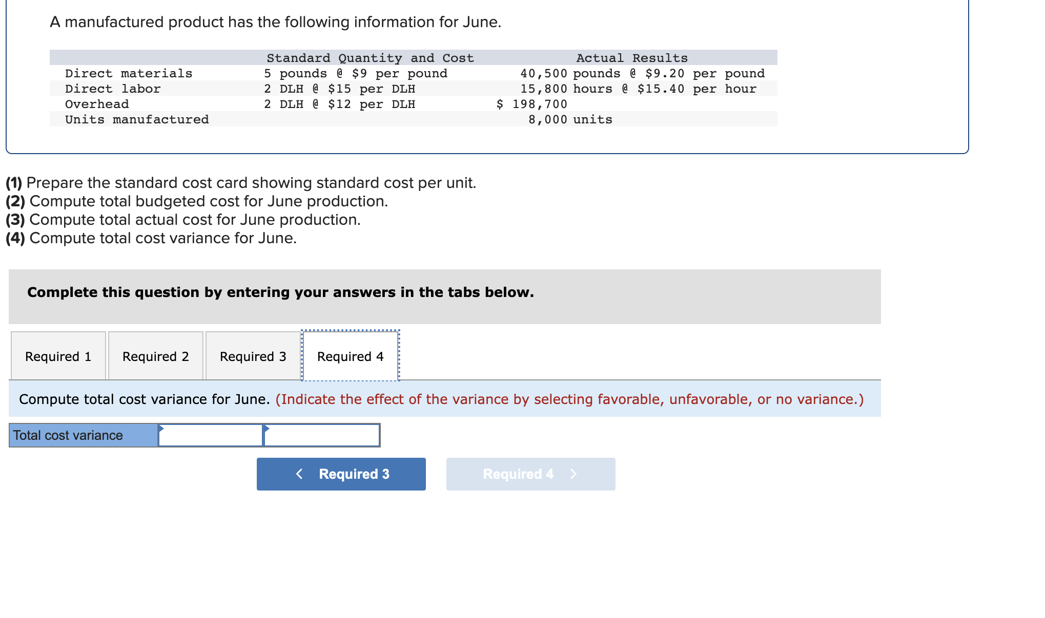 per unit. (2) Compute total budgeted cost for June production. (3) Compute