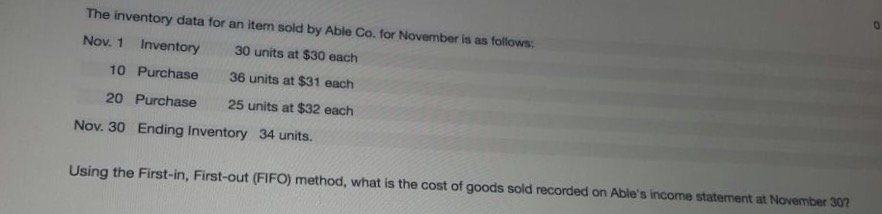  The inventory data for an item sold by Able Co. for