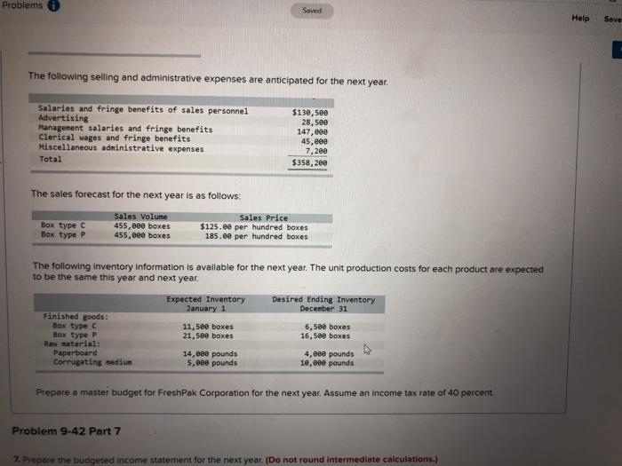 Required information Problem 9-42 Preparation of Master Budget (LO 9-3, 9-4, 9-5)