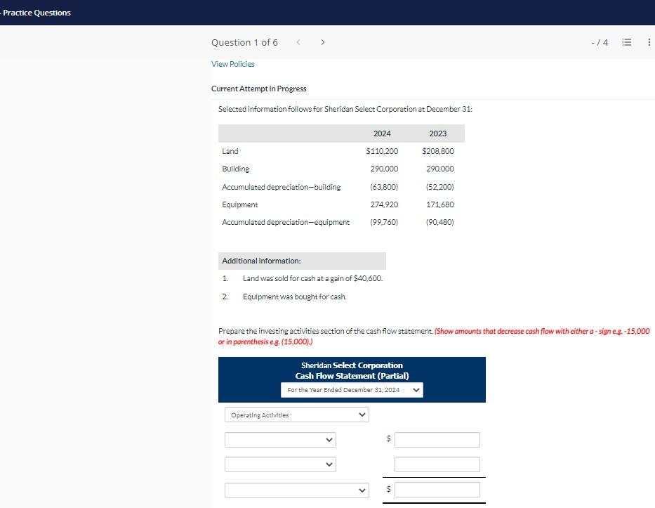 Cash Flow Statement- Practice Questions Thank you for you help! Current Attempt