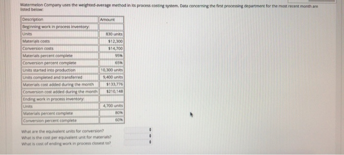  Watermelon Company uses the weighted average method in its process costing