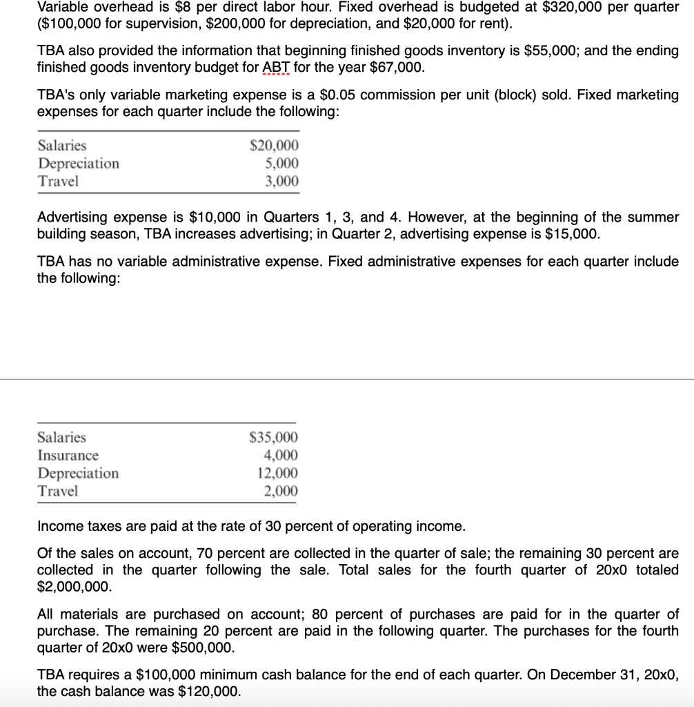  Variable overhead is $8 per direct labor hour. Fixed overhead is