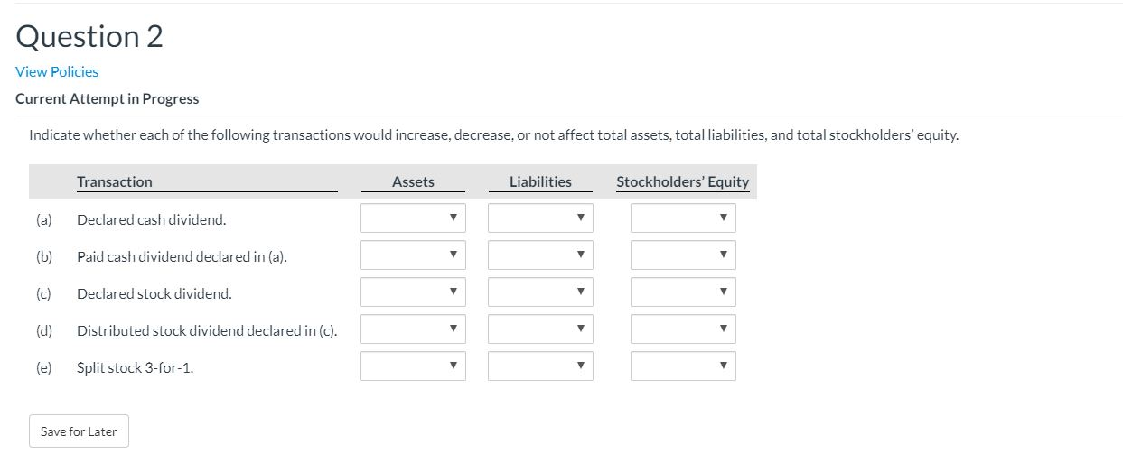  Question 2 View Policies Current Attempt in Progress Indicate whether each