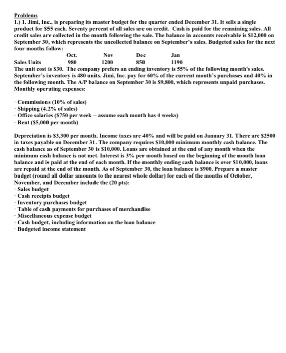  Problems 1.) 1. Jimi, Inc., is preparing its master budget for