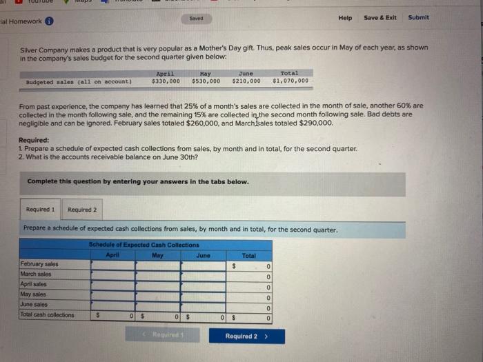  TOUS Saved Help Save & Exit Submit ial Homework Silver Company