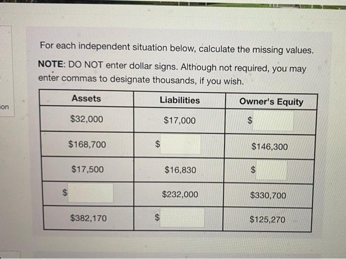  For each independent situation below, calculate the missing values. NOTE: DO