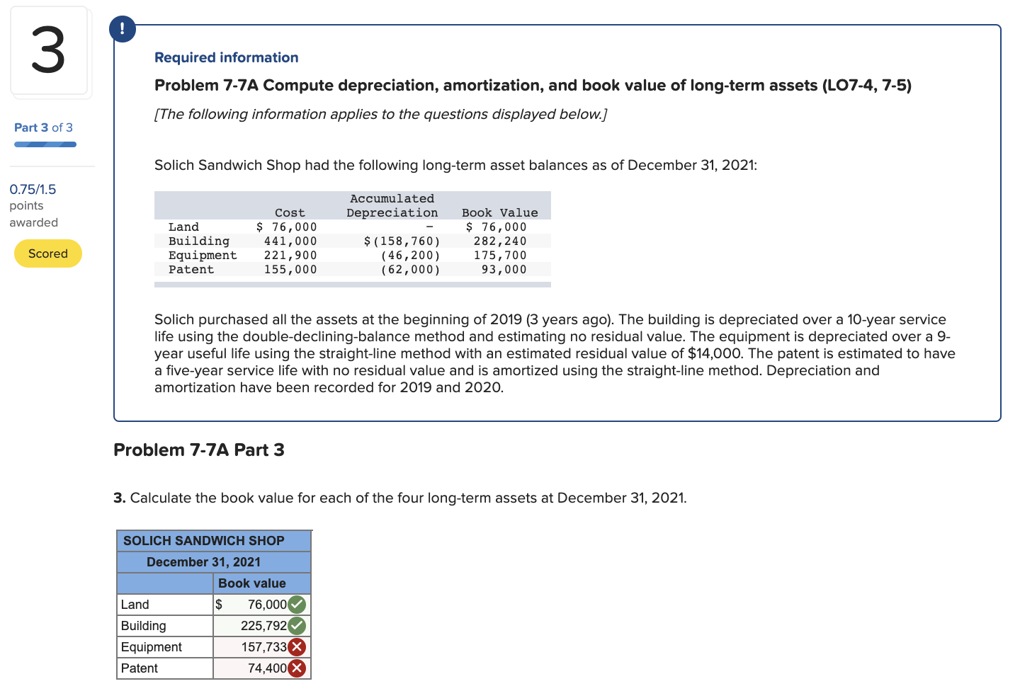  3 Required information Problem 7-7A Compute depreciation, amortization, and book value