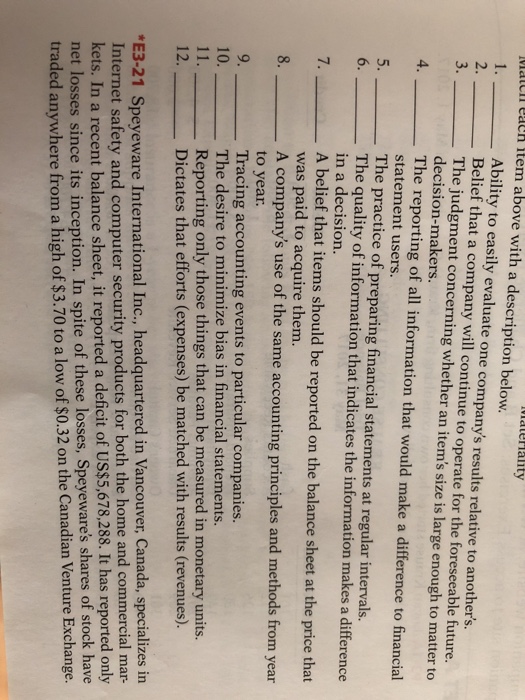  E3-21 vlateHality laicil eaeh Item above with a description below 1