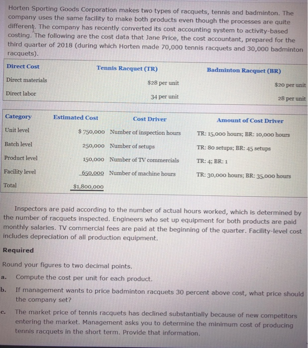  Please fill in the spread sheet provided Horten Sporting Goods Corporation