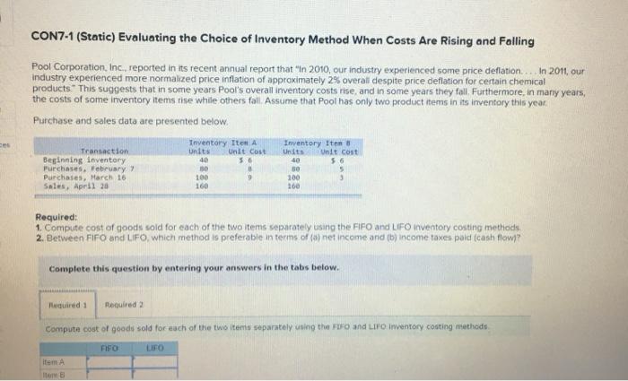 CON7-1 (Static) Evaluating the Choice of Inventory Method When Costs Are