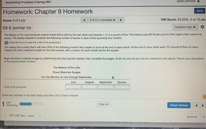  Accounting Principles 2 Spring 2021 Jaylen Johnson Save Homework: Chapter 9