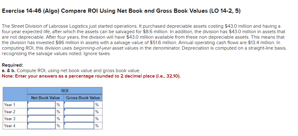  Exercise 14-46 (Algo) Compare ROI Using Net Book and Gross Book