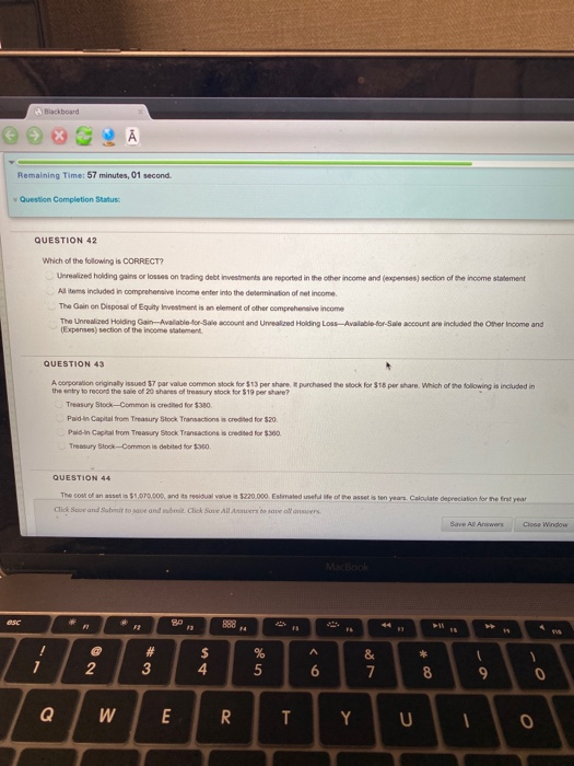  A Blackboard Remaining Time: 57 minutes, 01 second. Question Completion Status: