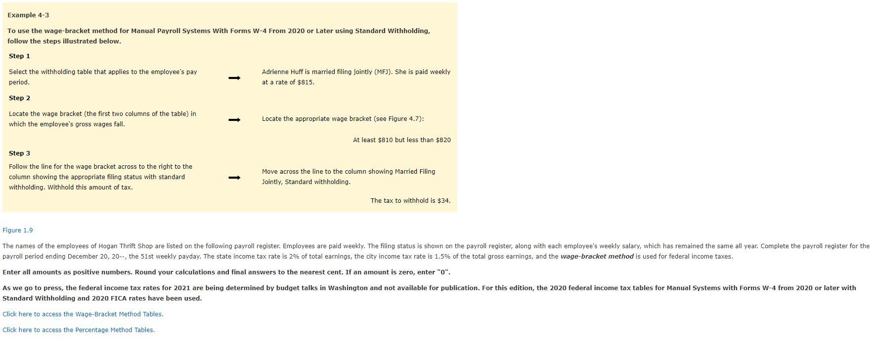 Example 4-3 To use the wage-bracket method for Manual Payroll Systems
