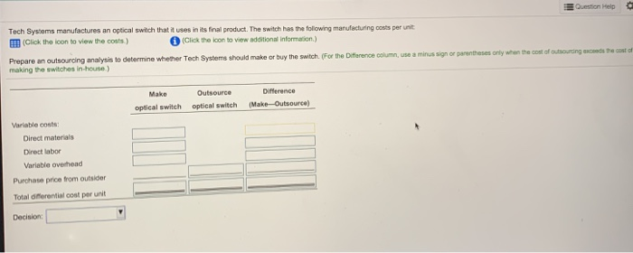  Question Help Tech Systems manufactures an optical switch that it uses