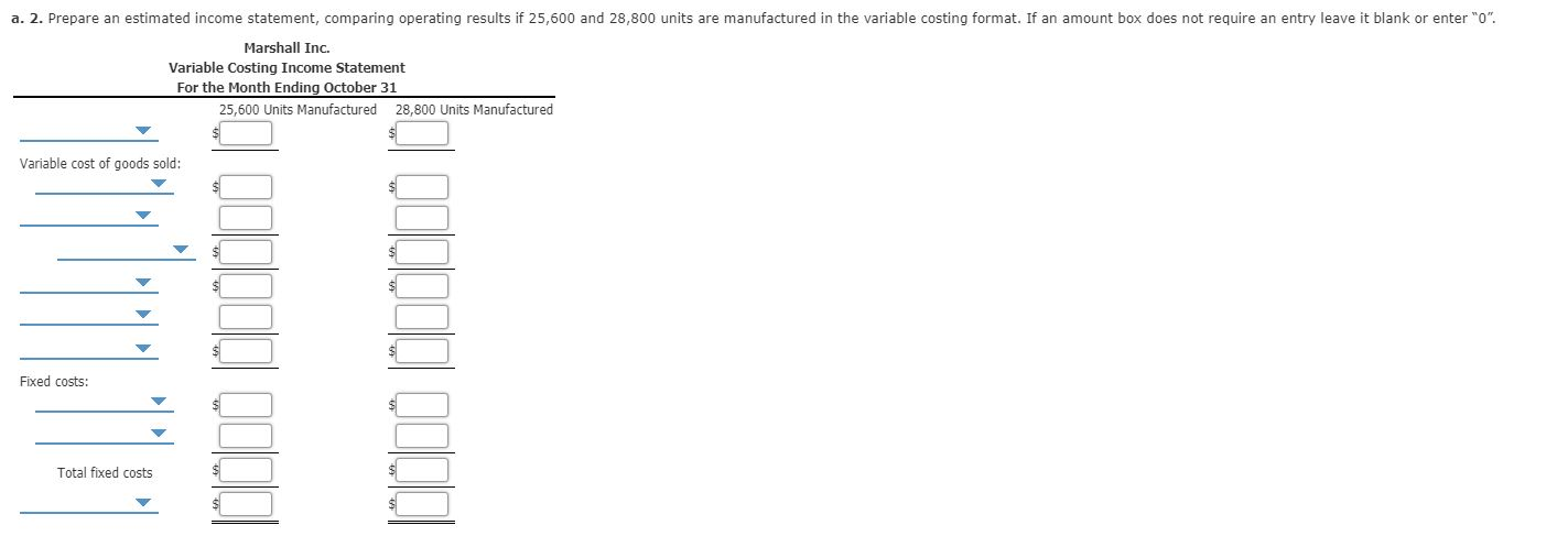 first month of operations ending October 31 Marshall Inc. estimated the following