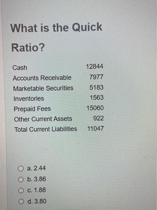  What is the Quick Ratio? a. 2.44 b. 3.86 c. 1.88