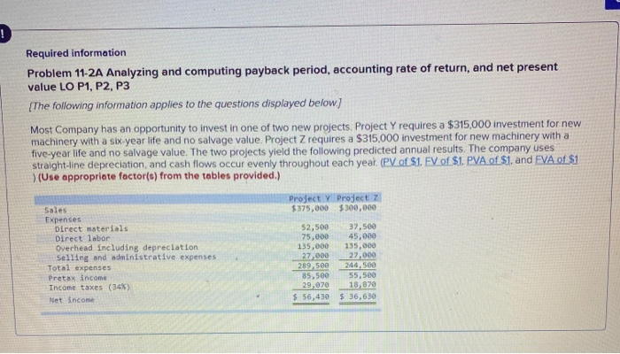 multi part Required information Problem 11-2A Analyzing and computing payback period, accounting