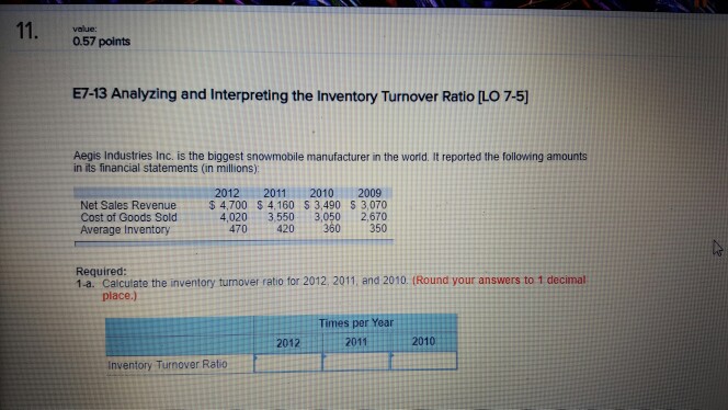 value: 0.57 points E7-13 Analyzing and Interpreting the Inventory Turnover Ratio
