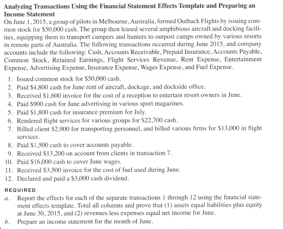 Analyzing Transactions Using the Financial Statement Effects Template and Preparing an