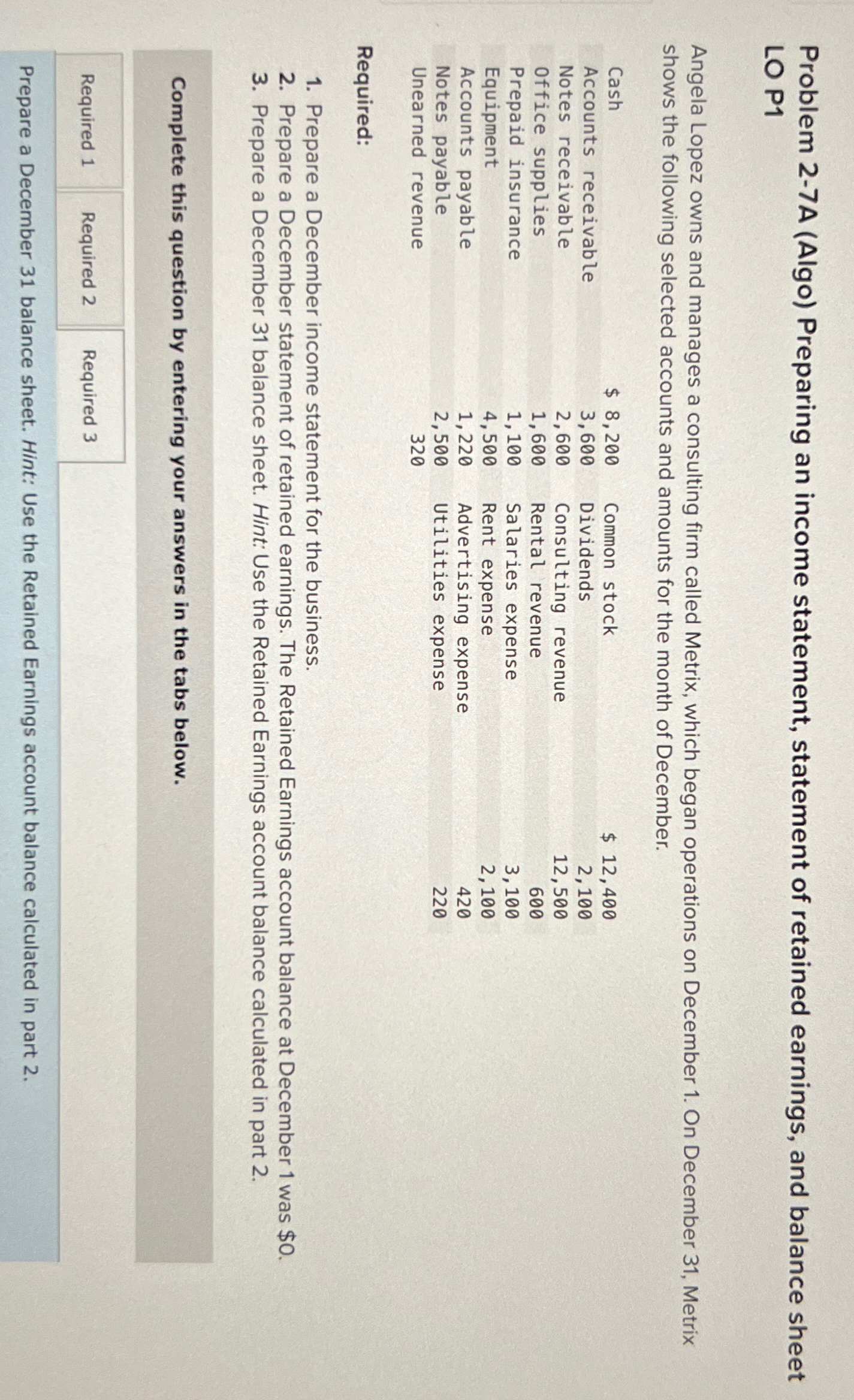  Problem 2-7A (Algo) Preparing an income statement, statement of retained earnings,