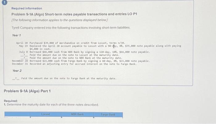  Required information Problem 9-1A (Algo) Short-term notes payable transactions and entries