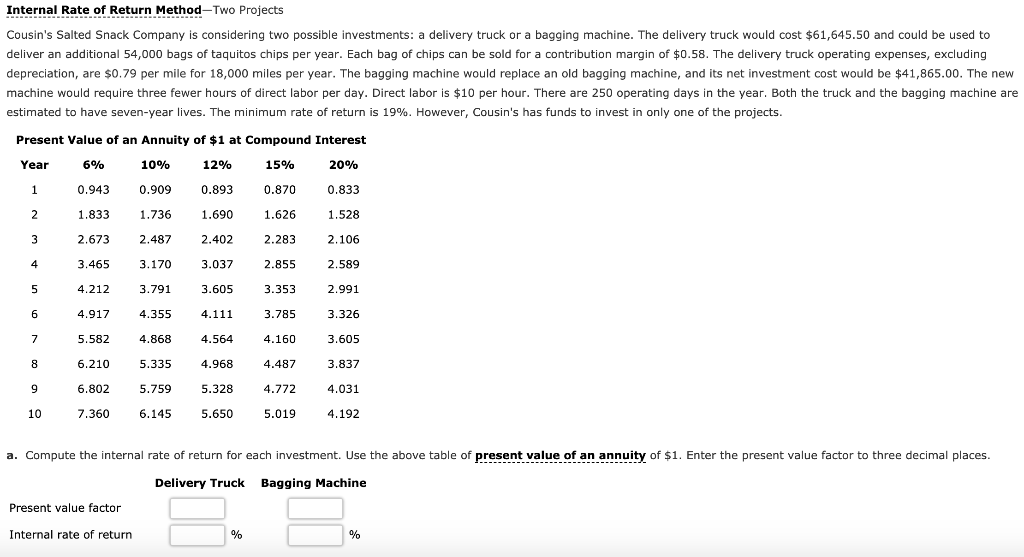 Accounting course Internal Rate of Return Method -Two Projects Cousin's Salted