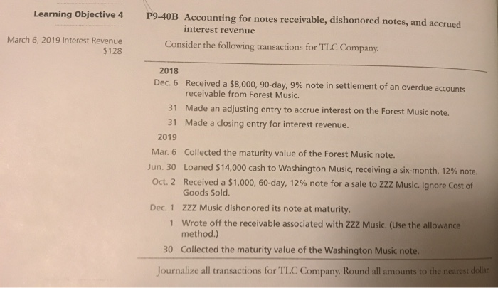  Learning Objective 4 P9-40B Accounting for notes receivable, dishonored notes, and