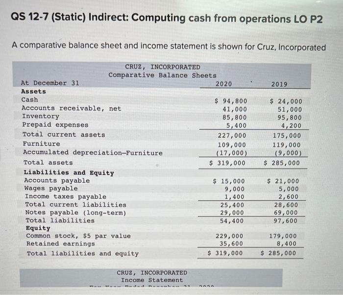  QS 127 (Static) Indirect: Computing cash from operations LO P2 A