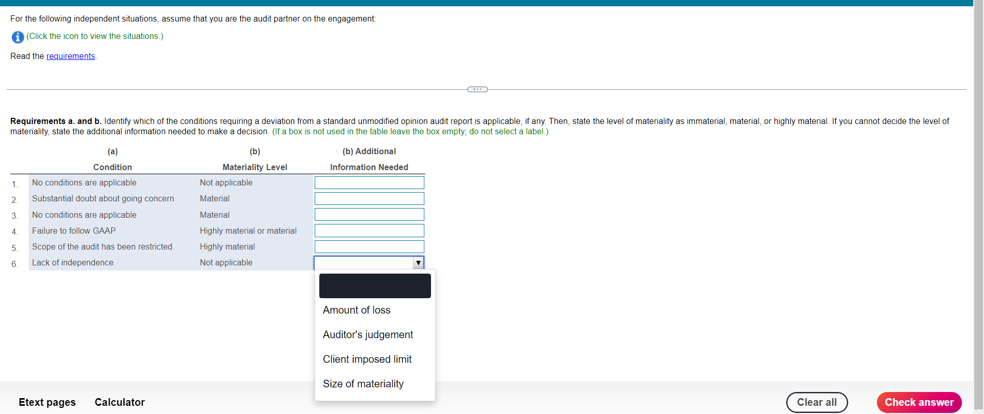 Please help to fill out "Additional Information Needed" column with the choices.