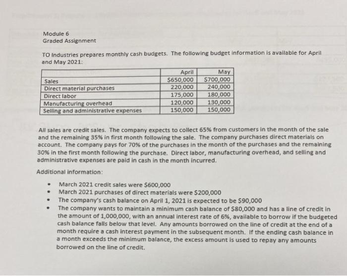  Module 6 Graded Assignment TO Industries prepares monthly cash budgets. The