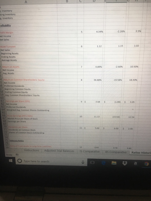 Ratios Historical worksheet). You MUST use formulas and/or linking to compute your
