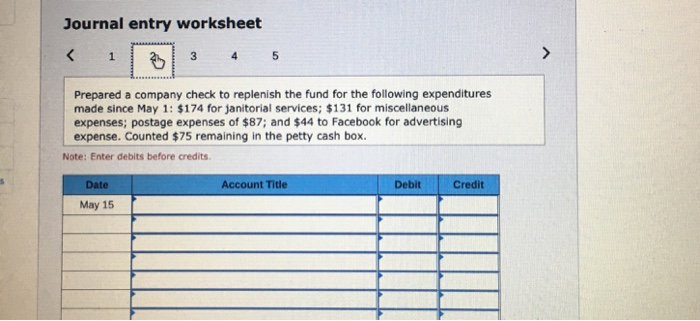 transactions involving the petty cash fund occurred in May May 1 Prepared