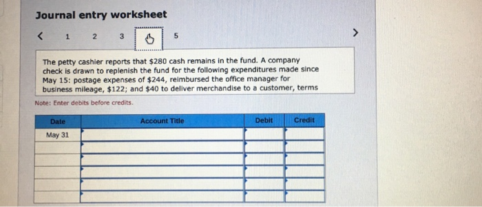 15 Prepared a company check to replenish the fund for the following