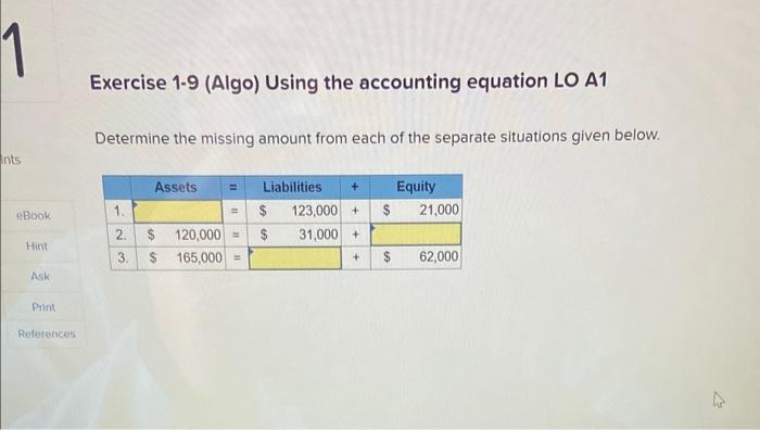  Exercise 1-9 (Algo) Using the accounting equation LO A1 Determine the