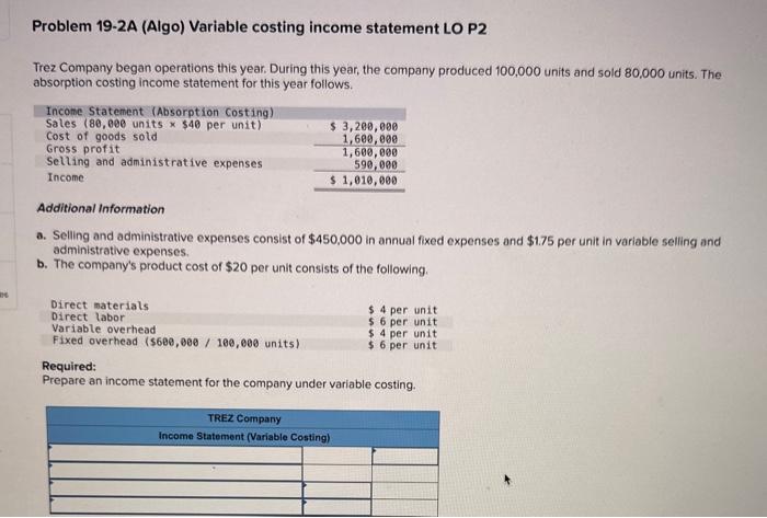  Problem 19-2A (Algo) Variable costing income statement LO P2 Trez Company