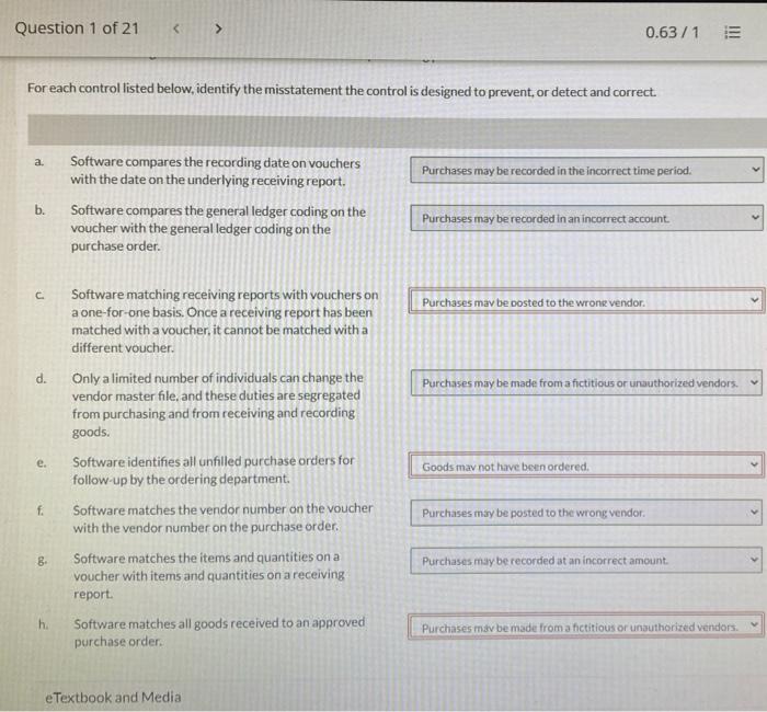  For each control listed below, identify the misstatement the control is