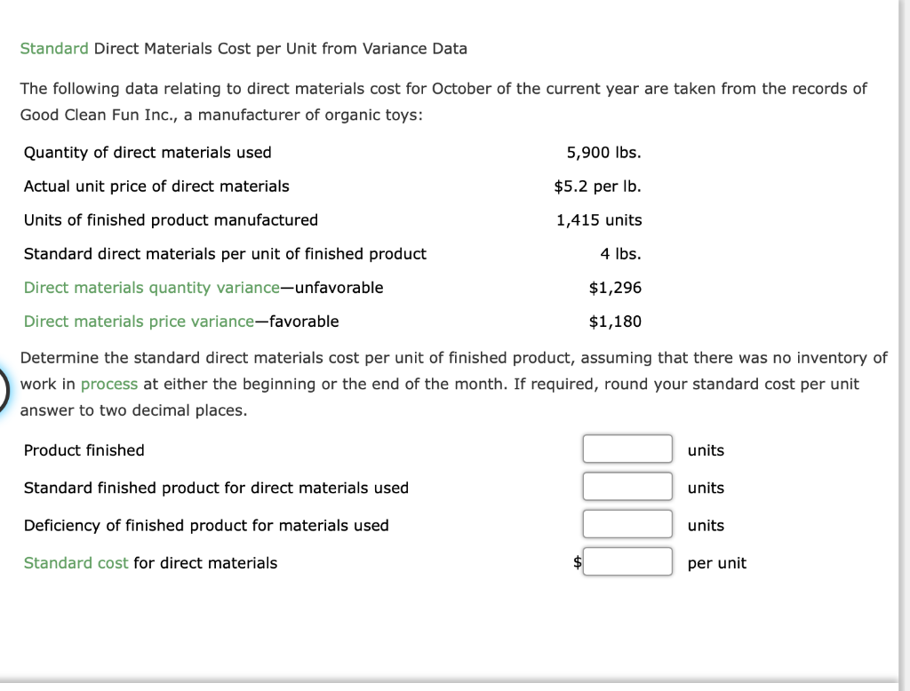  Standard Direct Materials Cost per Unit from Variance Data The following