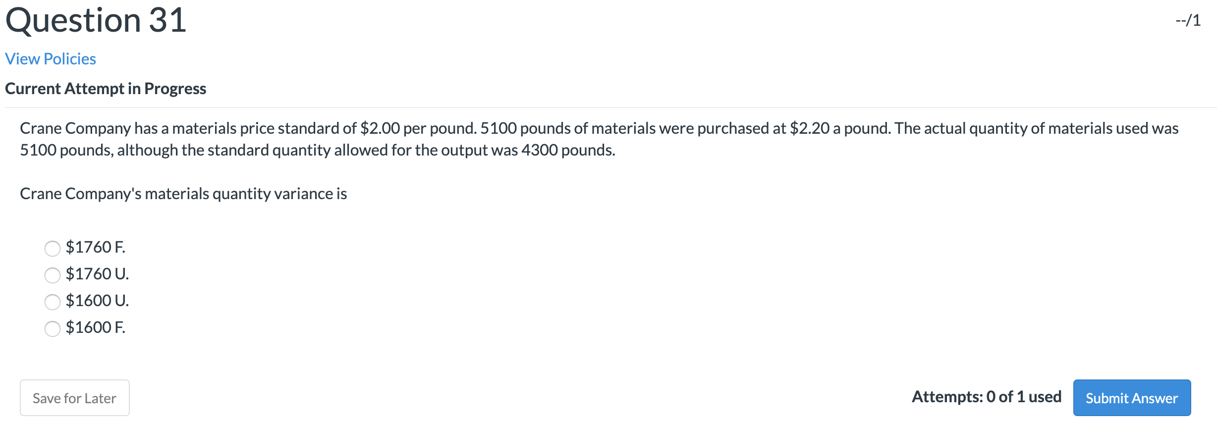 variances are each $2400 U, what is the total materials variance? O