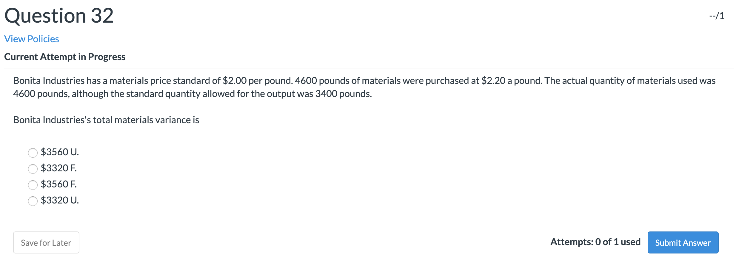 $600 F $2400 U $3300 U $3000 F Save for Later Attempts: