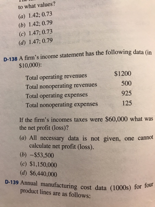  to what values? (a) 1.42; 0.73 (b) 1.42; 0.79 (c) 1.47;