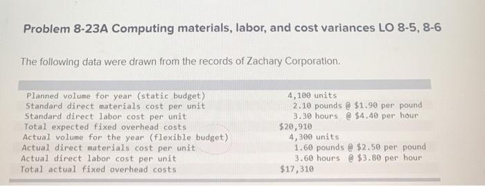  Problem 8-23A Computing materials, labor, and cost variances LO 8-5, 8-6