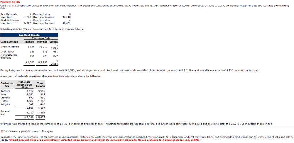  Problem 16-3A Inc. is a construction company specializing in custom patios.