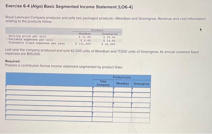 PLEASE HELP Exercise 6-4 (Algo) Basic Segmented Income Statement [LO6-4] Royal Lawncare