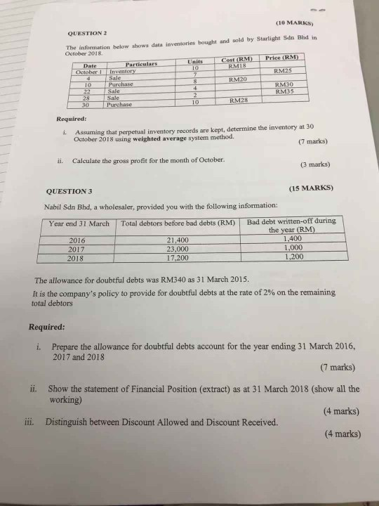  (10 MARKS) QUESTION The information below shows data inventories bought and