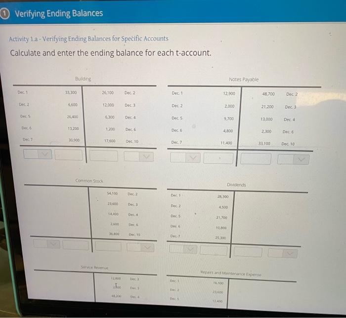  Verifying Ending Balances Activity 1.a - Verifying Ending Balances for Specific
