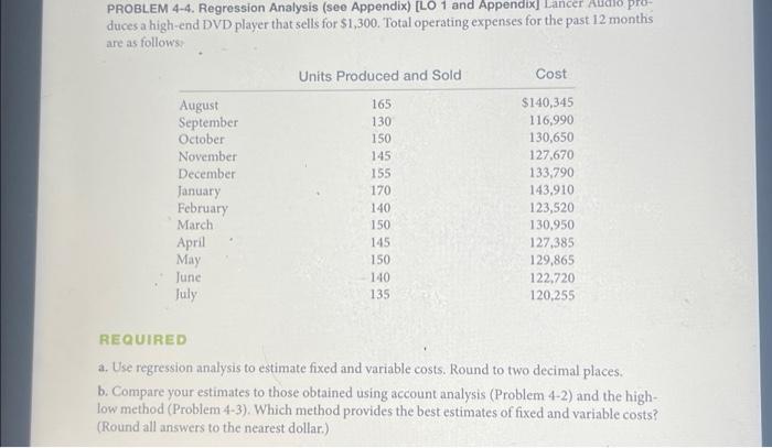  udio pro- PROBLEM 4-4. Regression Analysis (see Appendix) [LO 1 and